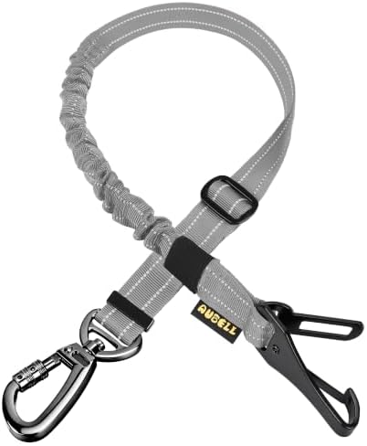 AUBELL Anschnallgurt Hund Auto,3-in-1 Bungee Hundegurt fürs Auto, Grau | Einstellbar Haustier Sicherheitsgurt Für Auto Hunde Geschirr Tether mit Clip Haken-Verschluss & Schnalle, S