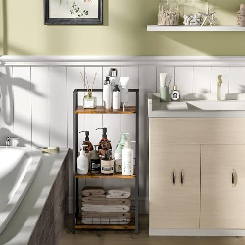 3-Tier Bathroom Shelf with Fence, Retro Bathroom Organizers and Storage Stand, Wood Shelving Unit with Metal Frames, Classic Open Floor Storage Shelves for Bathroom, Laundry Room, Living Room - Image 5