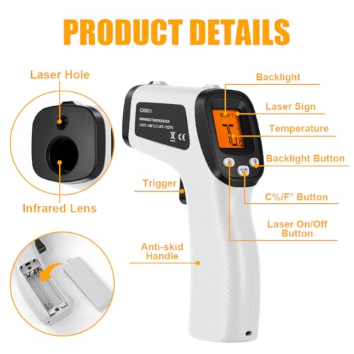 ABOHU Infrarot Thermometer, Laser Temperaturmessgerät(nicht für Menschen), Digital Laser Temperaturpistole, berührungslos Thermometerpistole für Kochen/Grillen/Gefrierschrank
