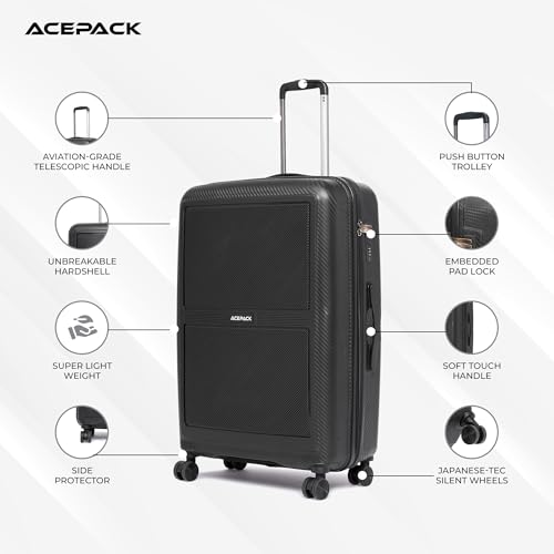 Image of ACEPACK Carbon 58 cm Small Cabin Size Hard-Sided Luggage Trolley Bag - Lightweight & Durable Polypropylene Suitcase with Anti-Theft Zipper & Number Lock for Travel (20, Black)