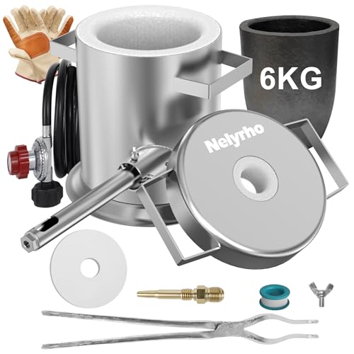 Nelyrho 6KG Melting Furnace Kit - Stainless Steel Foundry with Crucible, Crucible Tongs, Gloves - Ideal for Smelting Gold, Silver, Copper, and Aluminum - Metal Recycling Casting Tool