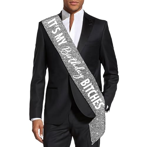 RhinestoneSash Gay Birthday Gifts for Men - Its My Birthday Bitches Silver Sparkle Sash - Gift for Gay Friend - Silver