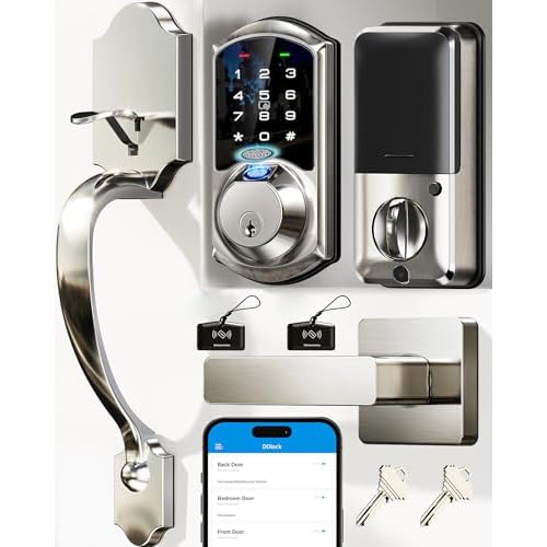 Veise VE07-H Fingerprint Smart Locks for Front Door with Handle Set, App Control, Keyless Entry Keypad Deadbolt, Digital Electronic Touchscreen, Easy Install, Auto Lock, Satin Nickel Satin N