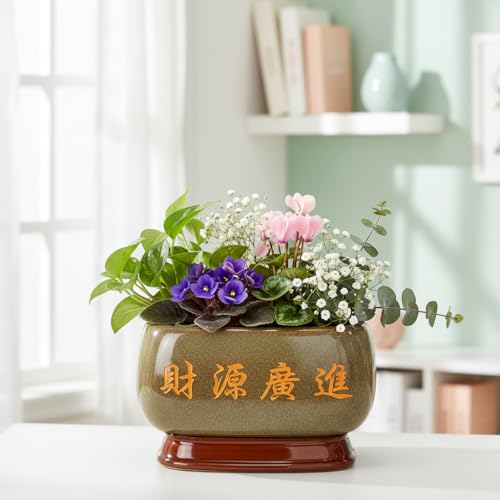 Image of Xtore Prosperous Oriental Ceramic Planter with Decorative Stand | Artistic Tabletop Flower Pot for Bonsai, Succulents, Indoor Plants & Elegant Home Decor (Brown, Planter only)
