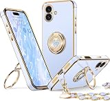 Rockaway 互換性 iPhone 16用 ケース ダブルリング付き ハートスタンド リストバンド ブレスレット付き -ブルー
