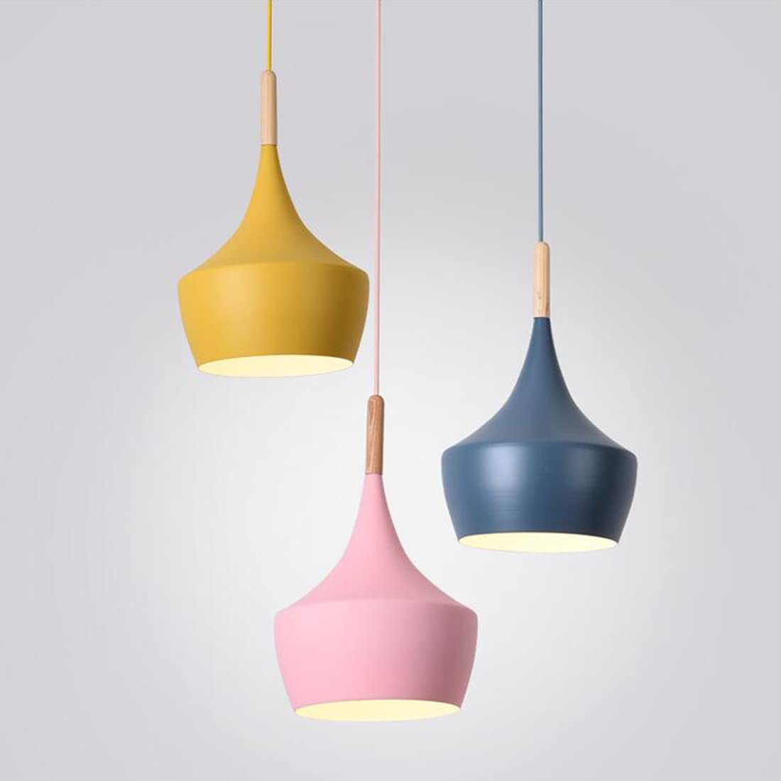 Żelazna Kolorowa Lampa Wisząca LED E27, Sufitowa, Niebieska, Różowa, Żółta, Drewniana, Dekoracyjna do Salonu, Nowoczesna, Makaronikowa, Jadalni, 3-Żarówkowa, Okrągły Żyrandol do Biura