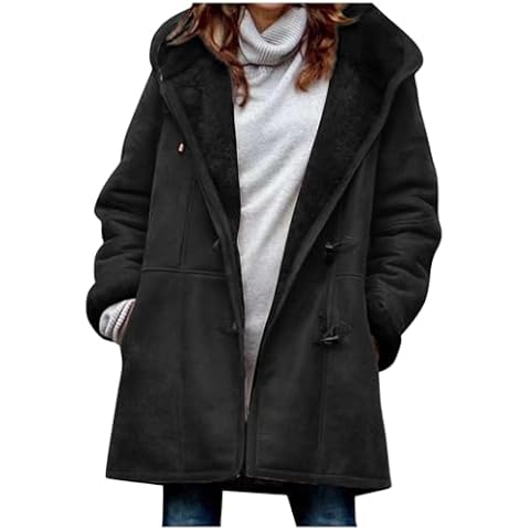 Mmoneyake Winter Coats for Women Hooded Warm Sherpa Fleece Lined Jackets Faux Suede Pea Coat Horn Button Fleece Thicken Coat Cover