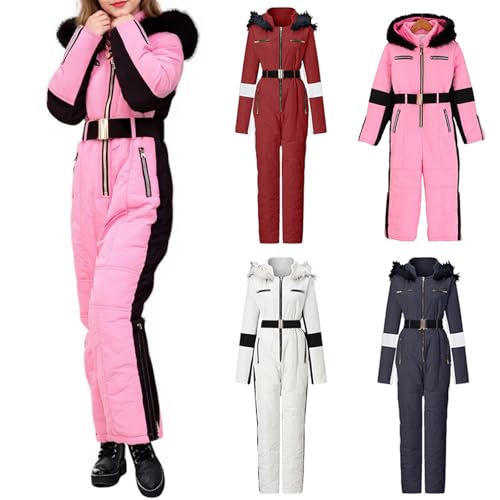 Boys Girls All in One Ski Suits Kids Waterproof Snowboarding Snowsuits fuzzy Hooded Ski Overalls Winter Outdoor Jumpsuits Teen Lightweight Softshell Raincoat Windproof Snow Suits (Pink, 7-8 Years)