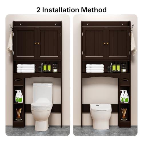 Image of Over The Toilet Storage Cabinet, 32.3 inch W, Grey | Over Toilet Bathroom Organizer with Doors, Adjustable Shelves, Toilet Paper Holder, 2 Side Hooks, for Bathroom, Laundry