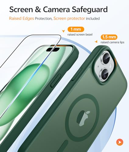 Image of FNTCASE for iPhone 15 Case: for iPhone 14 Case & iPhone 13 Case [Compatible with Magsafe] Translucent Matte Cases with [Screen Protector] Military Grade Shockproof Protective Phone Cover - Green
