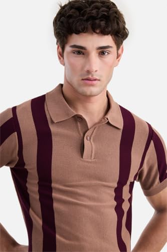 Image of SNITCH Luxe Men Polo T-Shirt | Modern Vertical Stripe Knitwear & Half Placket Design | Premium 100% Cotton Knitted Fabric & Breathable Regular Fit, Casual Holiday Wear