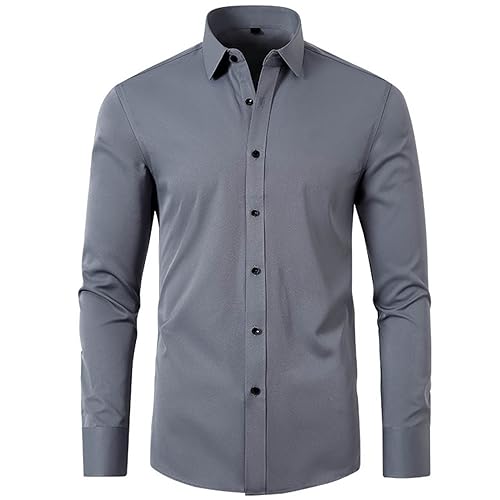 Yolimok Mens Formal Shirts Long-Sleeved Shirts Turn-Down Collar Blouse Button Closure Shirt Slim Fit Top Four-Way Stretch Shirts Tops Office Dress Shirts Work Business Gray