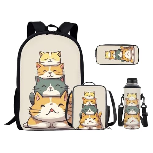 Ystardream Funny Cat Bookbag and Lunch Box Set for Girls School Bag Middle School Junior High University School Bag Bookbag 4pcs Backpack Sets with Lunch Box Pencil Case Water Bottle Sleeve