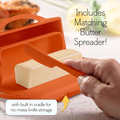 Image of Butterie Flip Top Butter Dish with Attached Lid & Matching Knife - Holds 2 Sticks, Fits Kerrygold /European Butter - BPA Free & Dishwasher Safe - Orange