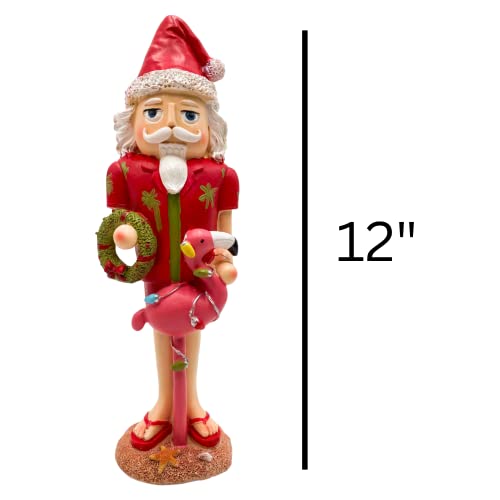 Wooden Santa Nutcracker With Flamingo, Tropical Themed Christmas At The Beach Tabletop Decoration, Hand Painted Collectible Figurine, 12 Inches, Pack Of 2 #TOP2