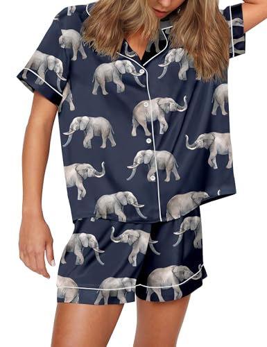 Image of SHESHOW Satin Pajamas for Women Set Preppy Animals Pjs Short Sleeve Shorts 2 Piece Loungewear Sets XS-XXL