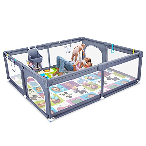 Image of Baby Playpen 79”×71" with Floor Mat, Extra Large Play Pen for Babies and Toddlers, No Gap Baby Fence Area with Breathable Mesh, Safety Baby Gate Playpen
