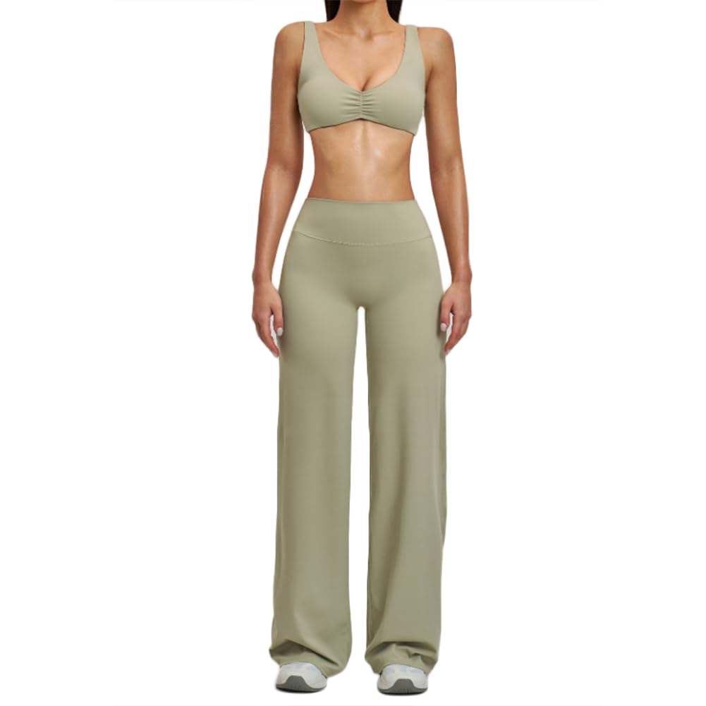 JPXJGT Women Yoga Set Wrinkle Front Sports Bra Elastic High Waist Wide Pants Outdoor Casual Workout Clothes(Size:XL,Color:Green)