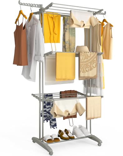 vounot® Étendoir à Linge à 4 Niveaux 125x62x173cm Sechoir à Linge Pliable Grande Capacité avec roulettes Ailes latérales Utilisation Intérieure et...