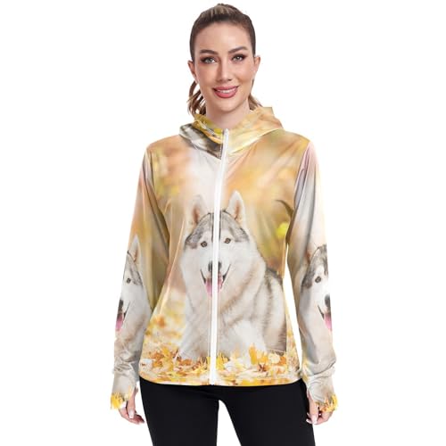 Siberian Husky Women's UPF 50+ Sun Protection UV Jacket - Zip Up Hoodie Long Sleeve Hiking Fishing SPF Performance Shirt with Pockets Thumbhole
