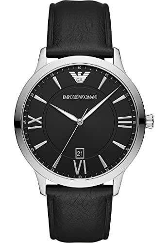 Emporio Armani Herrenuhr, DreizeigerDatumswerk, 43mm Silbernes Edelstahlgehäuse mit Lederarmband, AR11210