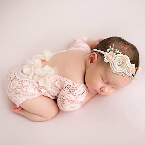 Image of Newborn Photography Props Baby Girl Floral Headbands Cute Infant Lace Romper Outfit Photo Prop Pink