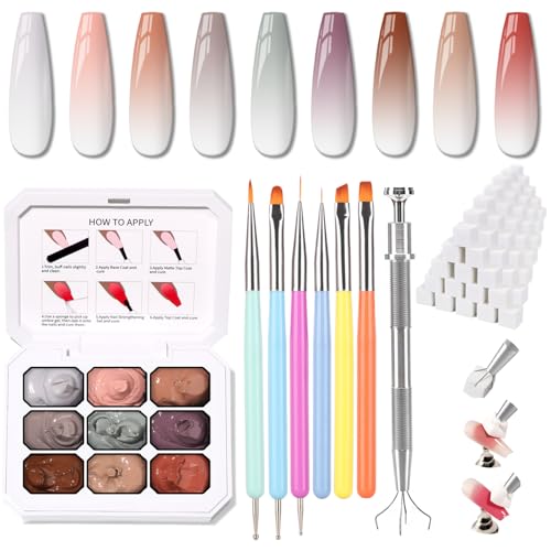 Karroy Sponge Pat Paint Nail Gel, 9 Colors Ombre Nails Gradient Gel Nail Blush Blooming Aura Nails Drawing Stripper Floral Painting Nail Art, No Wipe, UV/LED Curing (9 Colors J)