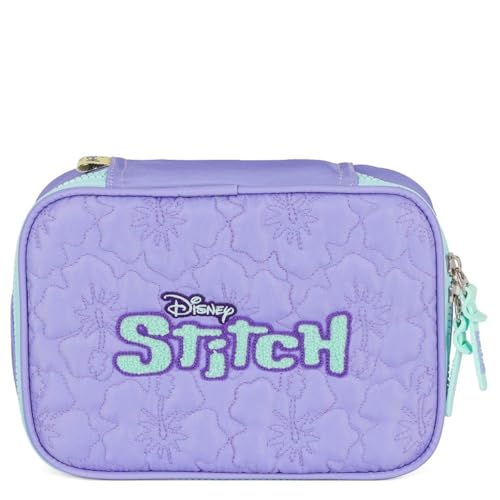Luxcel Estojo Escolar Box 100 Canetas Metalassê Logo Stitch, Lilás, Poliéster Peluciado, 21x15x6cm,