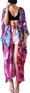 Bsubseach Purple Print Swimsuit Kimono Cardigan with Belt Short Sleeve Open Front Chiffon