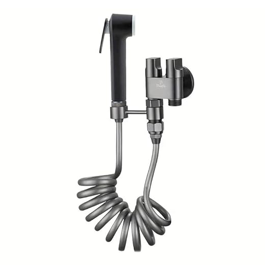 Pixaflo Compact Brass 2-in-1 Angle Valve with Health Faucet, Shower Tube and Hook | Complete Set | Antique Black for Bathroom, Toilet, Wash Basin