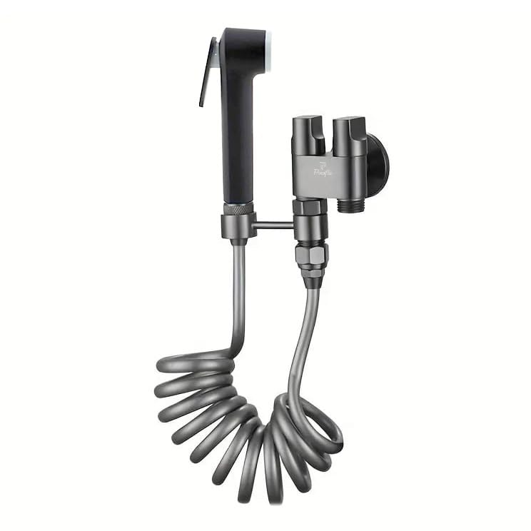 Pixaflo Compact Brass 2-in-1 Angle Valve with Health Faucet, Shower Tube and Hook | Complete Set | Antique Black for Bathroom, Toilet, Wash Basin