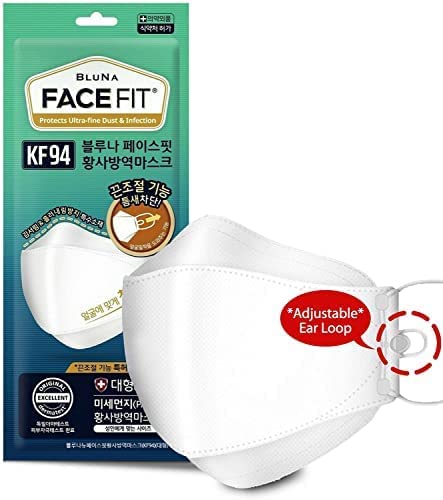 BLUNA [10-pack] ::Authentic:: [White] KF94 Facefit Ergonomic 3D Adjustable Strap Korean Face Mask [Large][Made in Korea]