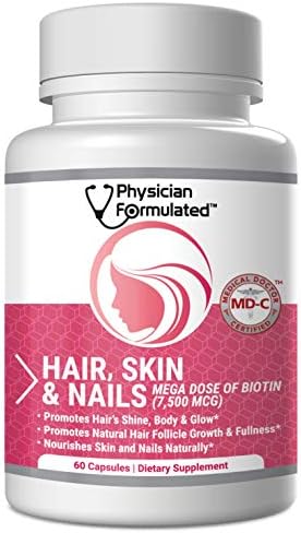 Physician Formulated Healthy Hair Skin and Nails Vitamins for Men and Women - 7500 mcg Biotin, Amino Acids, Collagen and Hyaluronic Acid - 60 Capsules