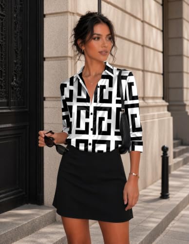 Image of Zeagoo Womens Blouses Satin Silk Tops 3 /4 Sleeve Button Down Shirt Geometry
