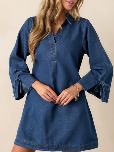 Image of Womens Denim Shirt Dress Collared V Neck Bell Long Sleeve Mini Casual A-line Jean Dresses with Bow