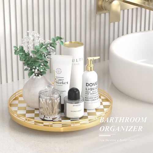 Image of Premium Rubber Wood Lazy Susan Turntable, Gold White Checkerboard Decorative Serving Tray, Hand-Welded Metal Railing, Stable Rotating Organizer for Dining Table, Kitchen Counter, Coffee Table Decor