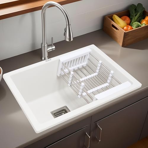 Image of Ruhe Crystal White Quartz Single Bowl Kitchen Sink - 21x18x9 inches | Noise-Reducing, Durable & Scratch-Resistant Kitchen Sink | Granite Sink with Vegetable Washing Basket, Coupling and Waste Pipe