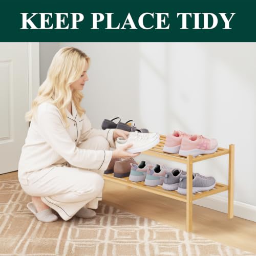 Image of Smiry Bamboo Shoe Rack, 5 Horizontal Slats, 2 Tier - 26.8 inch Wide, Natural