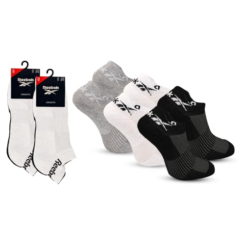 Reebok Chaussettes Basses Homme Femme - Confortables, Coton Respirant, Pour Marche, Sport Fitness, Usage Quotidien, Lavables, Coupe Basse, Lot de 6 Paires, Taille 43-45, Blanc/Grise/Noir