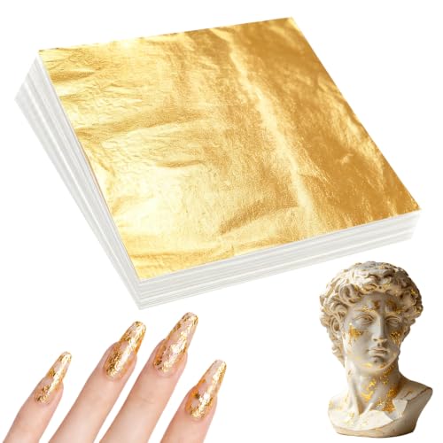 Wosyoodo 100 Hojas Pan de Oro de Imitación, Hojas de Pan de Oro para Manualidades, para Artesanía de Dorado, Proyectos de Artes, Decoración de Muebles, para Bricolaje, Pintura (14 * 14cm)