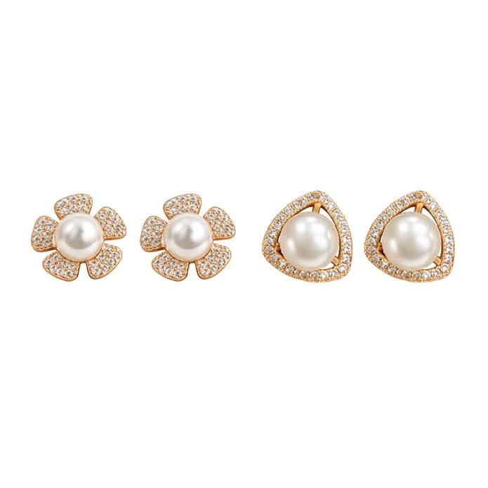 Image of Nilu's Collection Rose Gold Plated Triangular Design Pearl Stud Earrings With American Diamond for Women And Girls | Gift For Her | Anti- Allergy |Anti-Tarnish | Office Wear