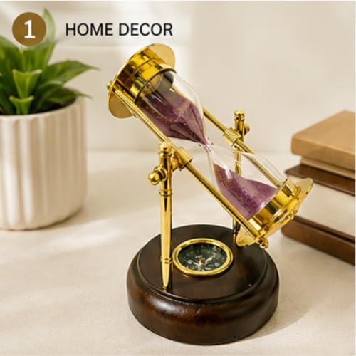 Image of Sand Timer sandclock Antique Brass Sand Timer with Compass on Wooden Base Hourglass Clock Nautical Theme Decor