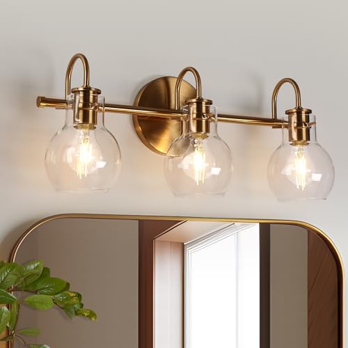 Image of KSANA Bathroom Vanity Light, 3-Light Gold Bathroom Light Fixtures, Electroplated Copper Modern Vanity Lights for Bathroom with Globe Clear Glass Shades
