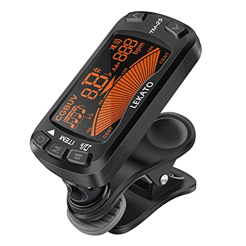 LEKATO Sintonizador 3 en 1 Metrónomo Clip en Guitarra Sintonizador Digital Metrónomo Bass Tuner Cromático Tuner Ukulele Tuner Todo en 1 Diseño para Guitarras, Bajo, Violín y Ukelele