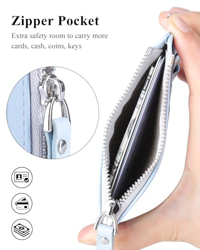Image of Teskyer Slim RFID Wallet for Women, Small Card Holder with Zip Pocket, Cyan, 3.5 inch x 4.7 inch, Minimalist | Zip Pocket for Cash Coin, 1 ID Window & 7 Card Slots, Ultra Slim Design, D-Ring for Neck Lanyard, for Daily Carry and Travel