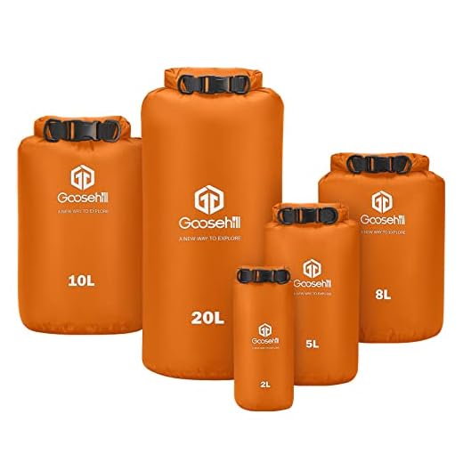 Goosehill Dry Sack 5 Pack, 70D Nylon Lightweight Dry Bag Set for Backpacking, Hiking, Camping, Trekking, Kayaking, 2/5/8/10/20L, Waterproof Roll Top Dry Sacks Keep Your Stuff Dry, Orange