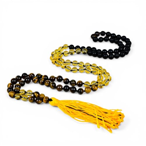Collier Mala 108 perles en citrine et oeil de tigre pour méditation et yoga