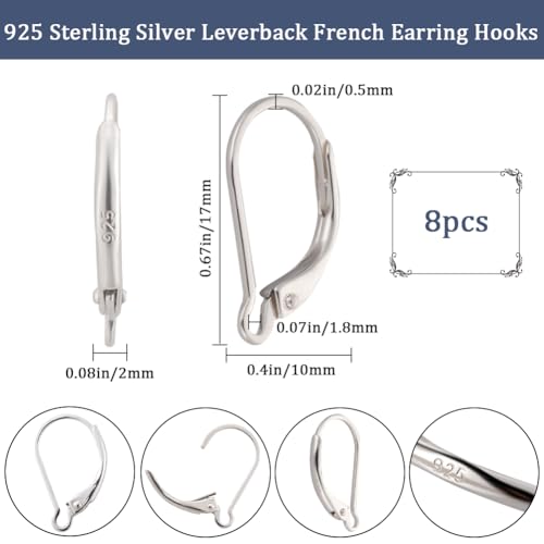 Beebeecraft 1 Box 8Pcs 925 Sterling Silver Leverback French Earring Hooks 17x10mm Interchangeable Dangle Ear Wire Findings for Jewelry Making - Image 2