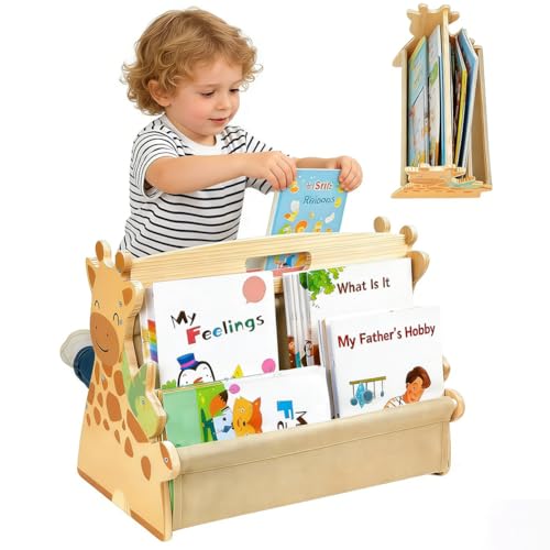 Wapasezyar Estantería infantil de madera de doble cara con bolsillos de lona resistentes, con bordes curvos, estantería para guardería, habitación infantil, juguetes, estantería para libros
