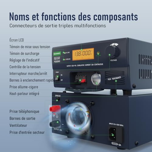 Alimentation Universelle régulée CC JESVERTY PS-30SWX, convertisseur CA-CC, 13,8V (réglable de 5-15V) 30A (Max.), avec Prise Audio et Haut-Parleur, Stockage des indicatifs d'appel, connexions mul – vue 2